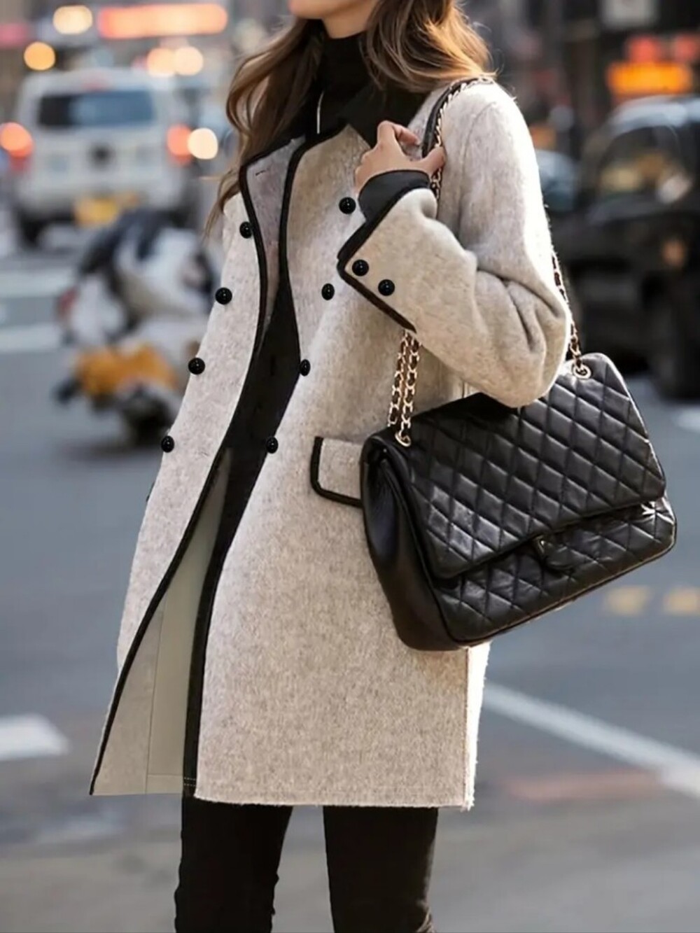 Women'S Fleece-Lined Coat, Double-Breasted Turn-Up Collar Warm Outerwear